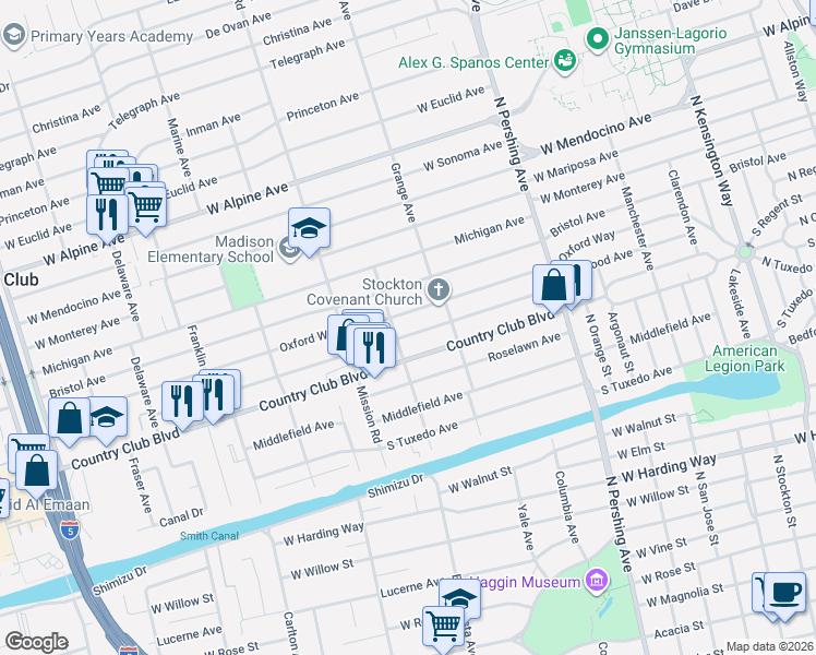 map of restaurants, bars, coffee shops, grocery stores, and more near 1755 Oxford Way in Stockton