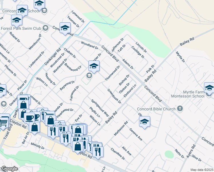 map of restaurants, bars, coffee shops, grocery stores, and more near 1750 Thornwood Drive in Concord