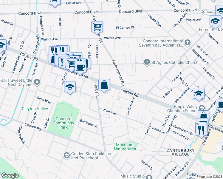 map of restaurants, bars, coffee shops, grocery stores, and more near 3717 Clayton Road in Concord