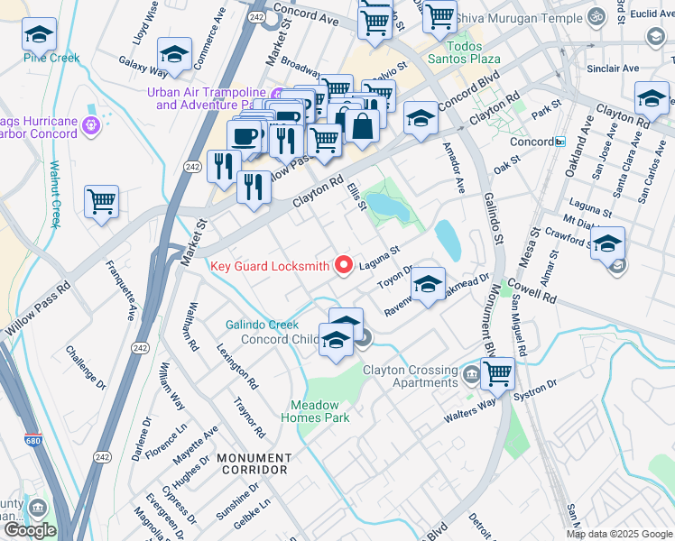 map of restaurants, bars, coffee shops, grocery stores, and more near 1531 Adelaide Street in Concord
