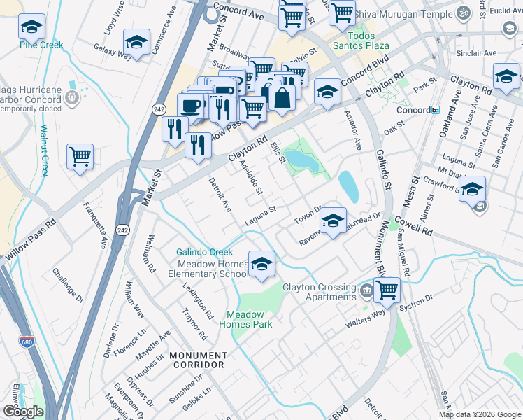 map of restaurants, bars, coffee shops, grocery stores, and more near 1531 Adelaide Street in Concord
