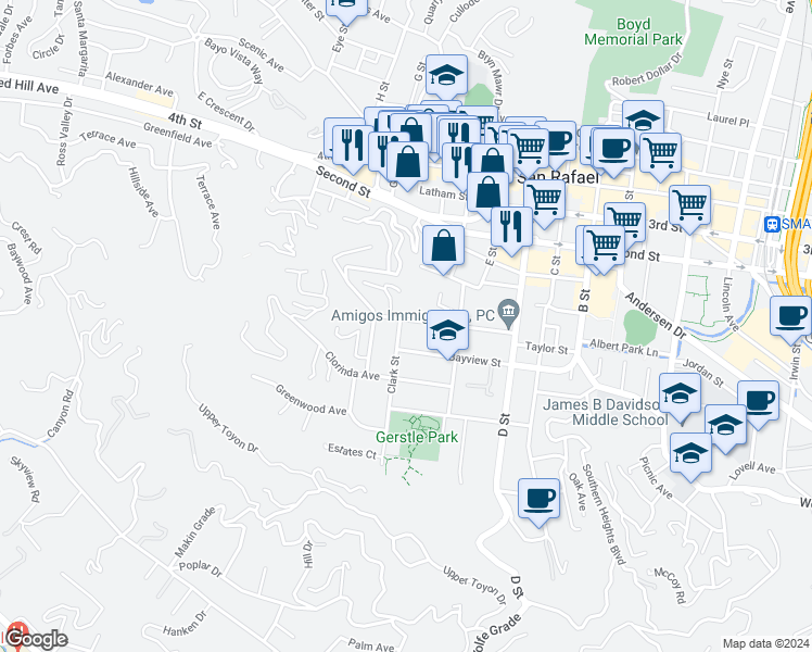 map of restaurants, bars, coffee shops, grocery stores, and more near 124 Ross Street in San Rafael