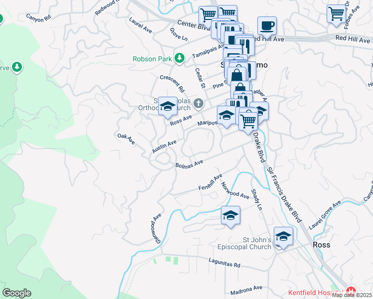 map of restaurants, bars, coffee shops, grocery stores, and more near 38 Kensington Road in San Anselmo
