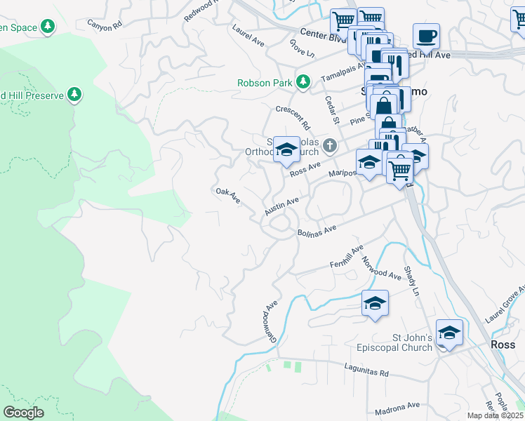 map of restaurants, bars, coffee shops, grocery stores, and more near 11 Sunnyside Avenue in San Anselmo