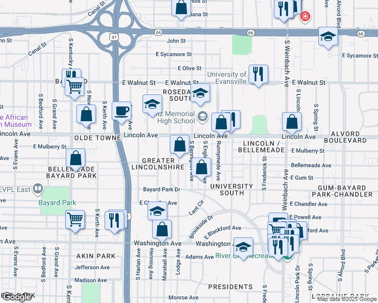 map of restaurants, bars, coffee shops, grocery stores, and more near 610 South Bennighof Avenue in Evansville