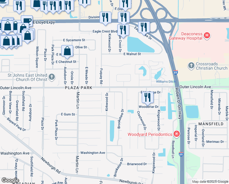 map of restaurants, bars, coffee shops, grocery stores, and more near 7815 Ridgebrook Drive in Evansville