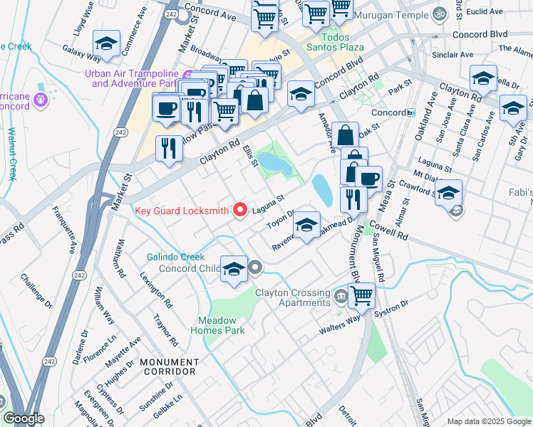 map of restaurants, bars, coffee shops, grocery stores, and more near 1776 Laguna Street in Concord