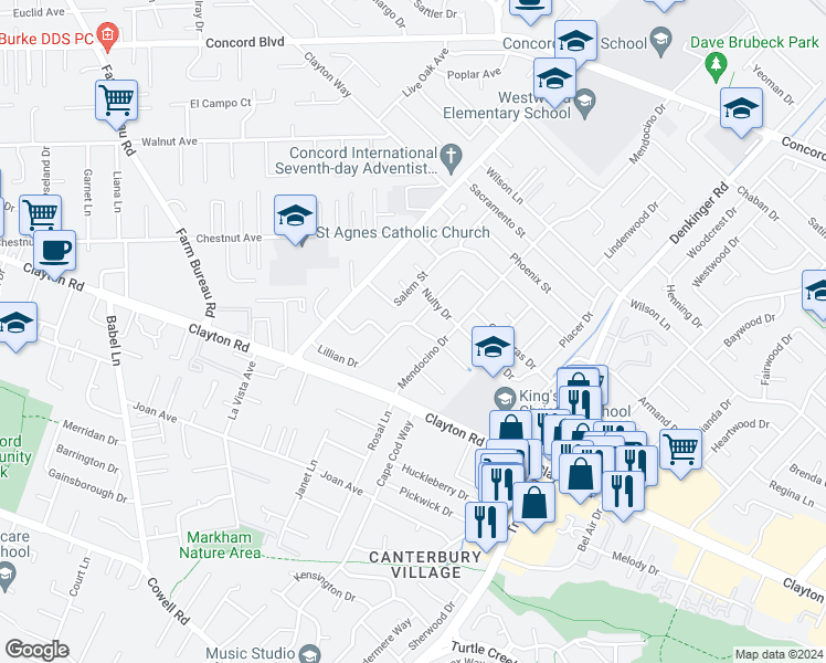 map of restaurants, bars, coffee shops, grocery stores, and more near 4080 Tulare Drive in Concord