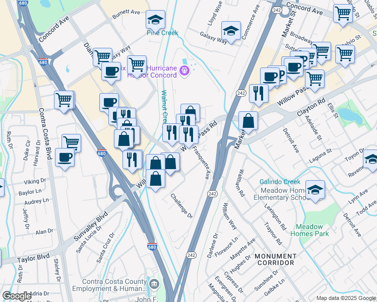map of restaurants, bars, coffee shops, grocery stores, and more near 1400 Willow Pass Road in Concord