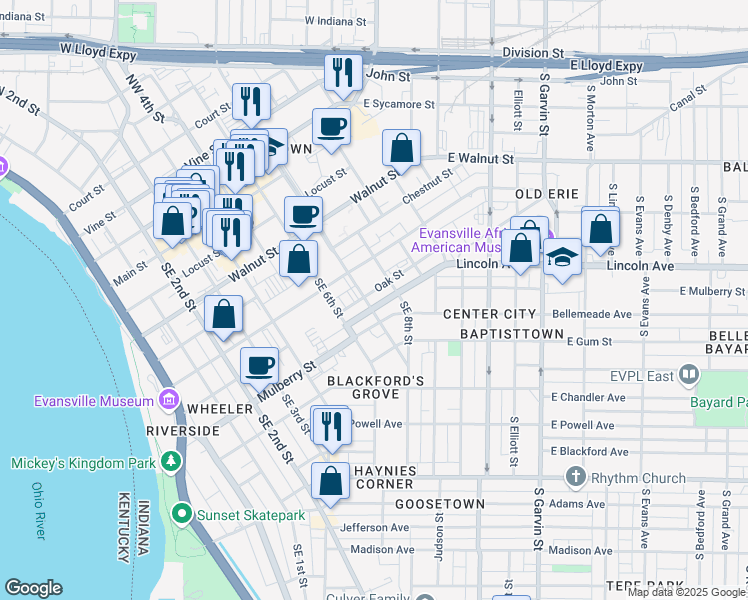 map of restaurants, bars, coffee shops, grocery stores, and more near 701 Oak Street in Evansville