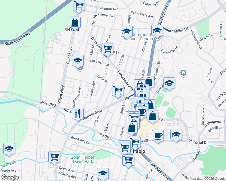 map of restaurants, bars, coffee shops, grocery stores, and more near 2657 17th Street in San Pablo
