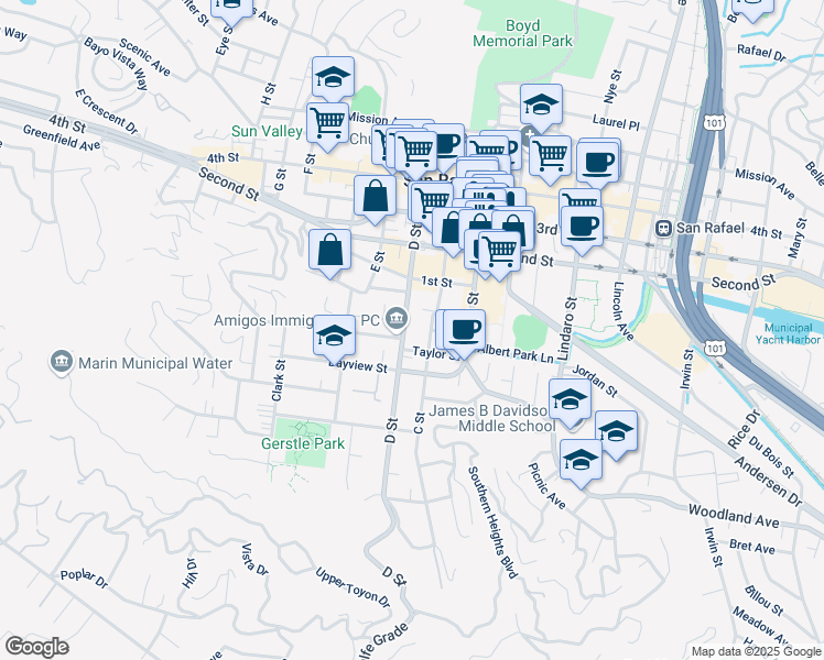 map of restaurants, bars, coffee shops, grocery stores, and more near 531 Treanor Street in San Rafael