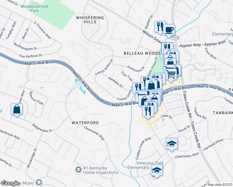 map of restaurants, bars, coffee shops, grocery stores, and more near 756 Jaeduke Drive in Lexington