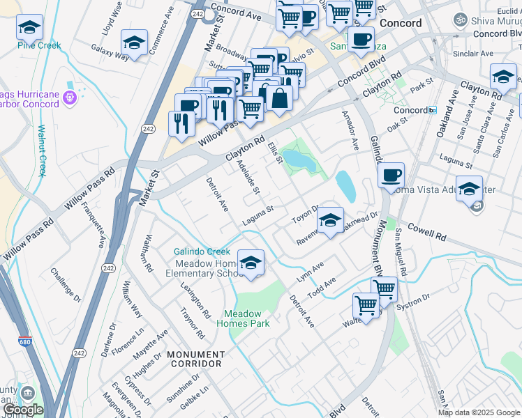 map of restaurants, bars, coffee shops, grocery stores, and more near 1531 Adelaide Street in Concord