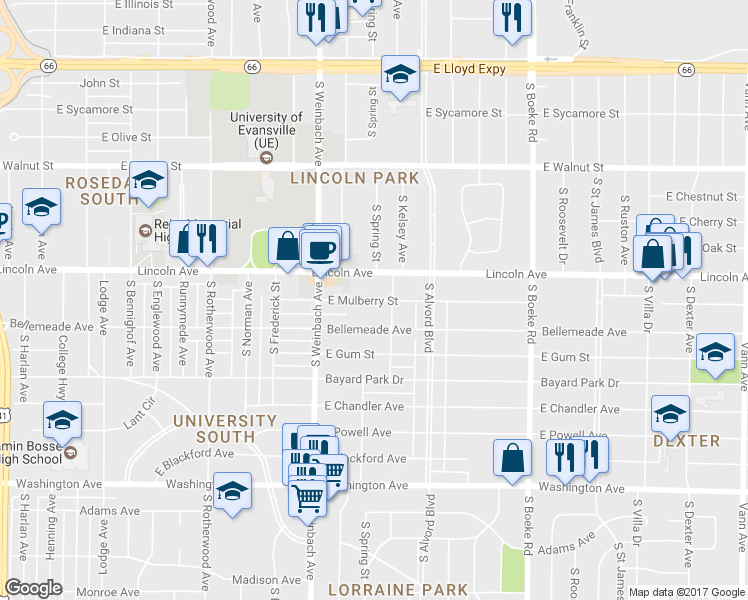 map of restaurants, bars, coffee shops, grocery stores, and more near 2038 East Mulberry Street in Evansville