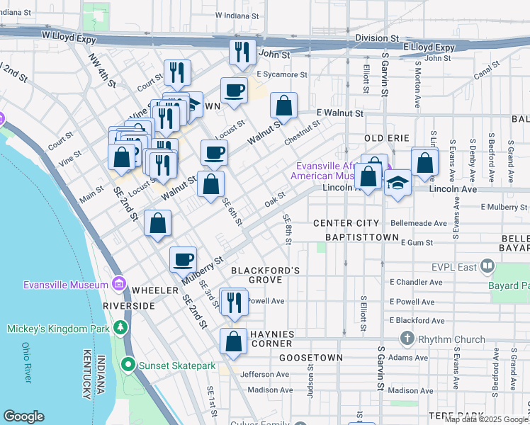 map of restaurants, bars, coffee shops, grocery stores, and more near 701 Oak Street in Evansville