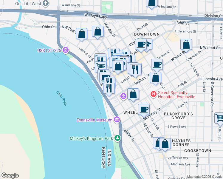 map of restaurants, bars, coffee shops, grocery stores, and more near 111 SE 1st St in Evansville