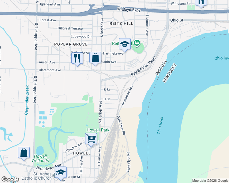 map of restaurants, bars, coffee shops, grocery stores, and more near 2813 B Street in Evansville