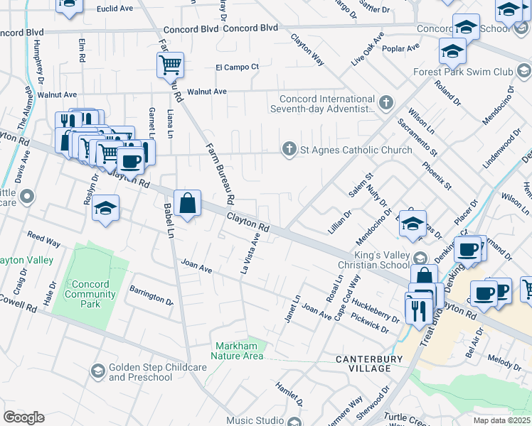 map of restaurants, bars, coffee shops, grocery stores, and more near 3905 Clayton Road in Concord