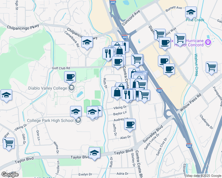 map of restaurants, bars, coffee shops, grocery stores, and more near 69 Fordham Court in Pleasant Hill