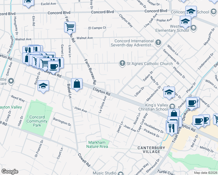 map of restaurants, bars, coffee shops, grocery stores, and more near 3905 Clayton Road in Concord