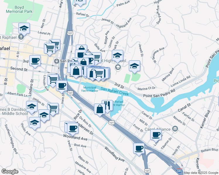 map of restaurants, bars, coffee shops, grocery stores, and more near 239 3rd Street in San Rafael