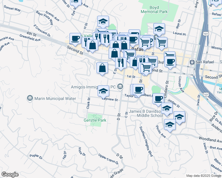map of restaurants, bars, coffee shops, grocery stores, and more near 36 Ross Street in San Rafael