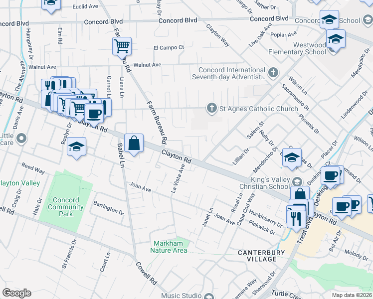 map of restaurants, bars, coffee shops, grocery stores, and more near 3901 Clayton Road in Concord