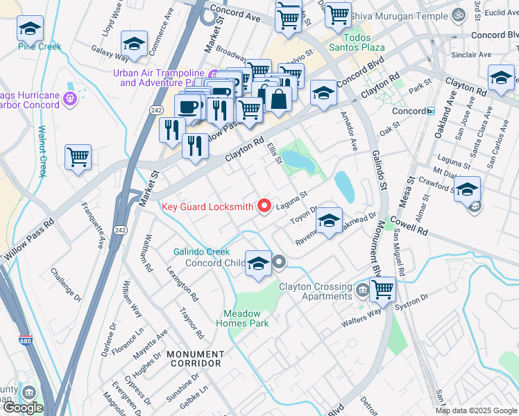 map of restaurants, bars, coffee shops, grocery stores, and more near 1531 Adelaide Street in Concord