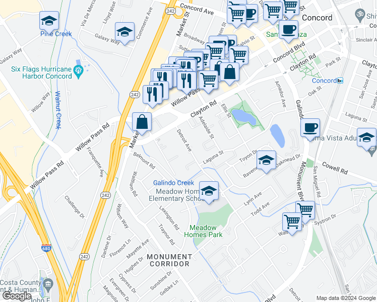 map of restaurants, bars, coffee shops, grocery stores, and more near 1650-1680 Detroit Avenue in Concord