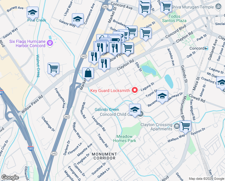 map of restaurants, bars, coffee shops, grocery stores, and more near 1711 Detroit Avenue in Concord