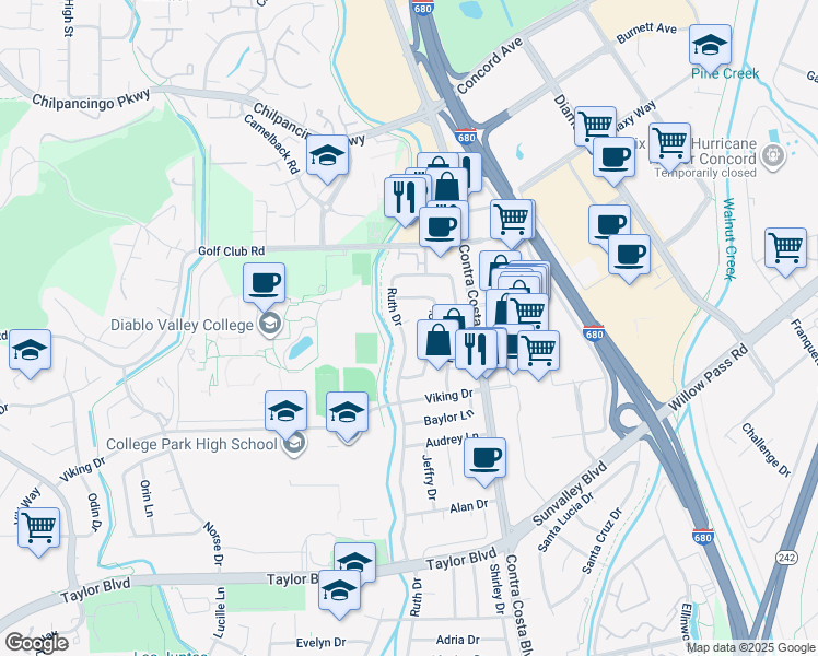 map of restaurants, bars, coffee shops, grocery stores, and more near 62 Fordham Court in Pleasant Hill
