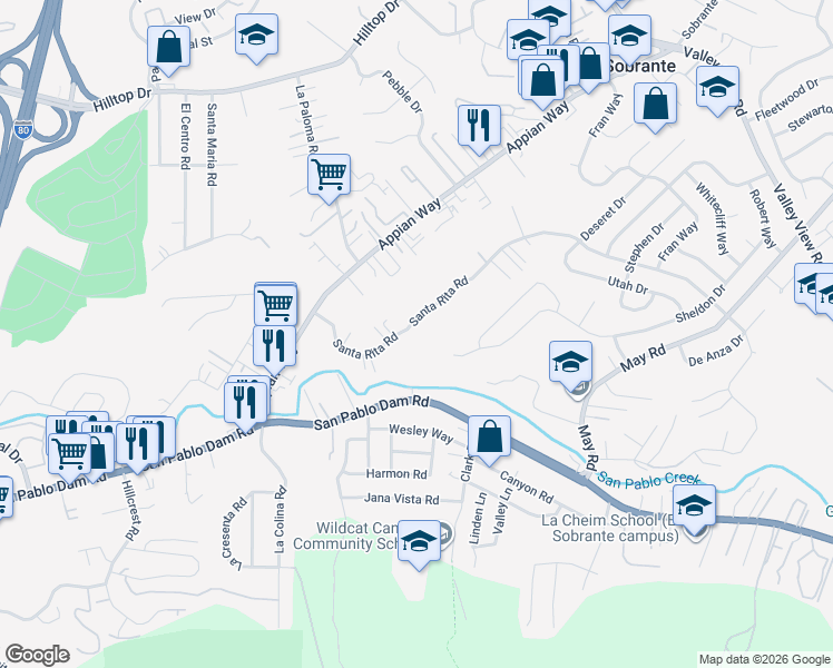 map of restaurants, bars, coffee shops, grocery stores, and more near 4223 Santa Rita Road in El Sobrante