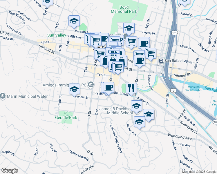 map of restaurants, bars, coffee shops, grocery stores, and more near 601 B Street in San Rafael