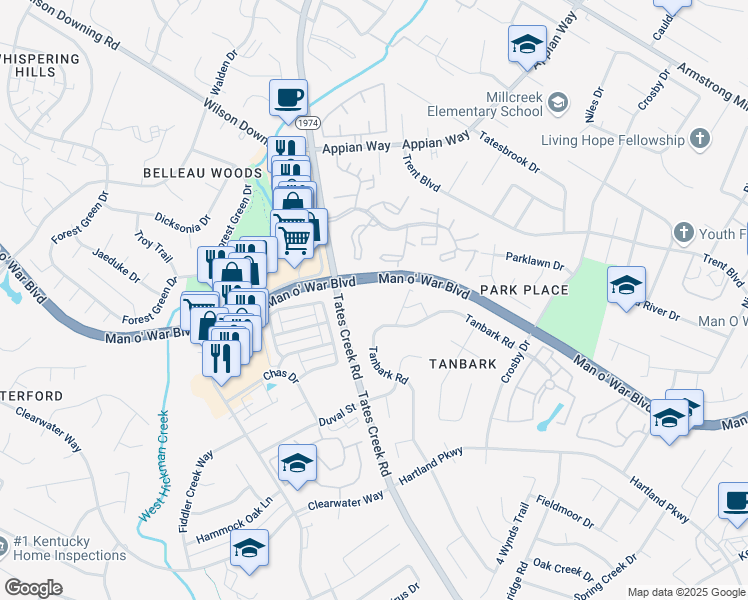 map of restaurants, bars, coffee shops, grocery stores, and more near 3202-3284 Man o' War Blvd in Lexington