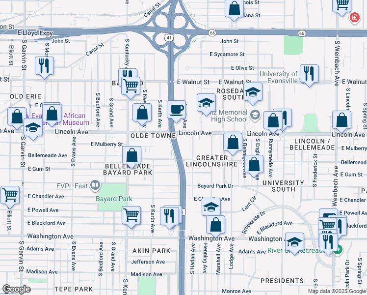 map of restaurants, bars, coffee shops, grocery stores, and more near in Evansville