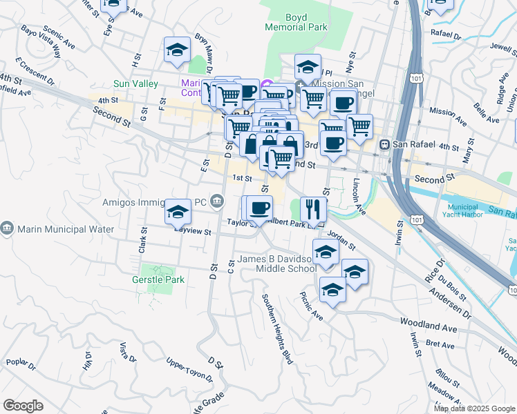 map of restaurants, bars, coffee shops, grocery stores, and more near 601 B Street in San Rafael