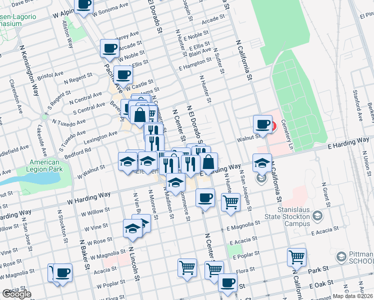 map of restaurants, bars, coffee shops, grocery stores, and more near 2 West Walnut Street in Stockton