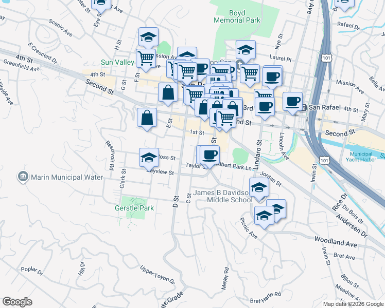 map of restaurants, bars, coffee shops, grocery stores, and more near 531 Treanor Street in San Rafael