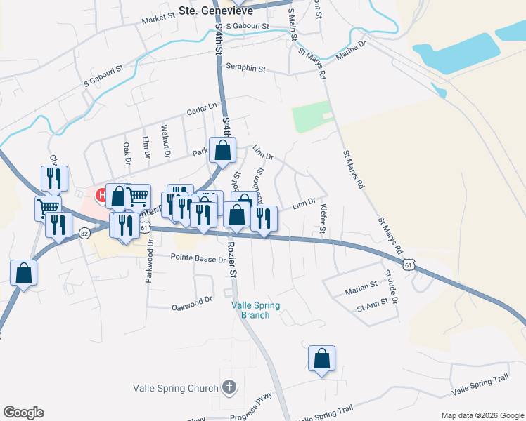 map of restaurants, bars, coffee shops, grocery stores, and more near 507 Audubon Street in Ste. Genevieve