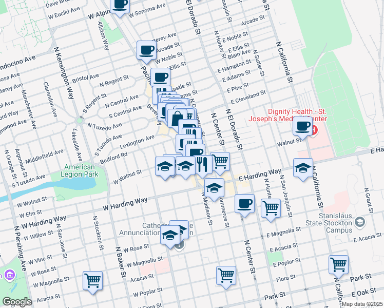 map of restaurants, bars, coffee shops, grocery stores, and more near 1810 North Pacific Avenue in Stockton