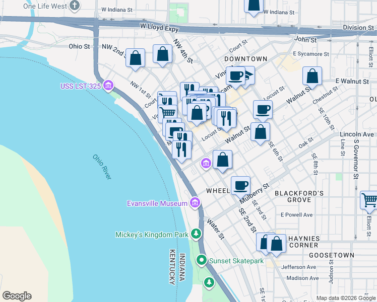 map of restaurants, bars, coffee shops, grocery stores, and more near 131 Locust Street in Evansville