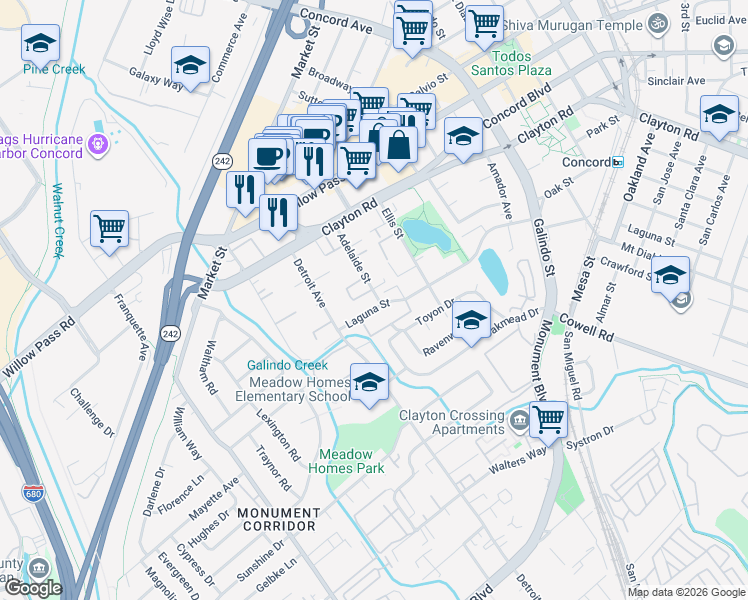 map of restaurants, bars, coffee shops, grocery stores, and more near 1699 Laguna Street in Concord
