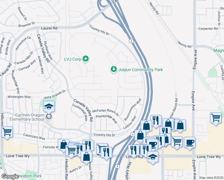 map of restaurants, bars, coffee shops, grocery stores, and more near 5559 Mountain Ridge Court in Antioch