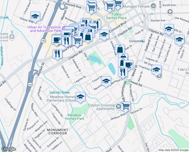 map of restaurants, bars, coffee shops, grocery stores, and more near 1776 Laguna Street in Concord