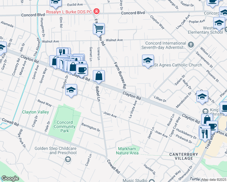 map of restaurants, bars, coffee shops, grocery stores, and more near 3720 Clayton Road in Concord