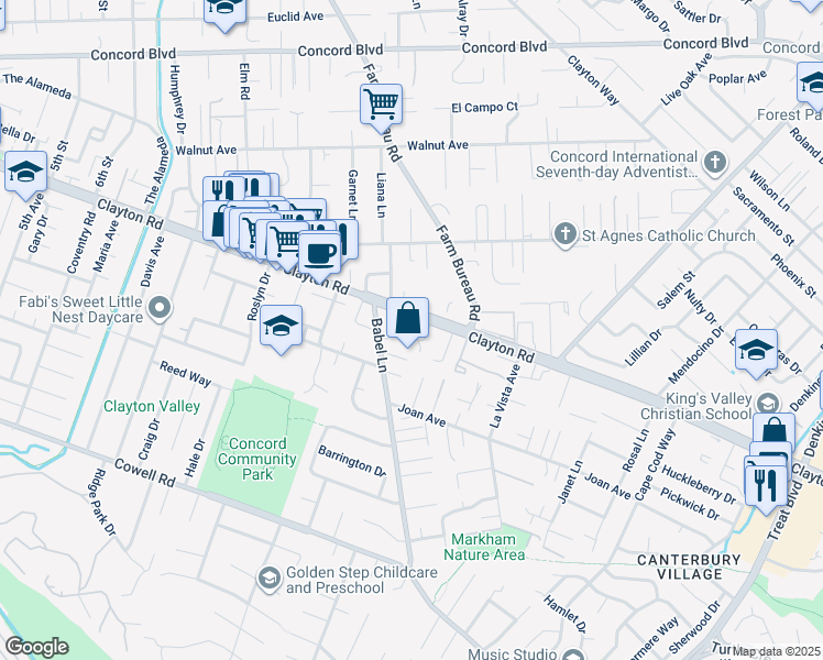 map of restaurants, bars, coffee shops, grocery stores, and more near 3620 Clayton Road in Concord