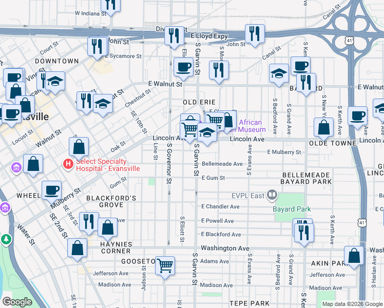 map of restaurants, bars, coffee shops, grocery stores, and more near 635 Lincoln Avenue in Evansville
