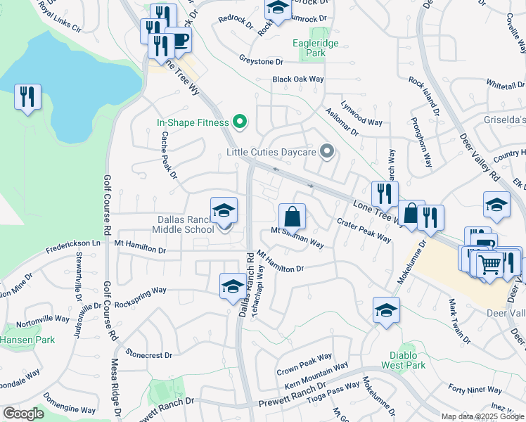 map of restaurants, bars, coffee shops, grocery stores, and more near 4751 Dallas Ranch Road in Antioch