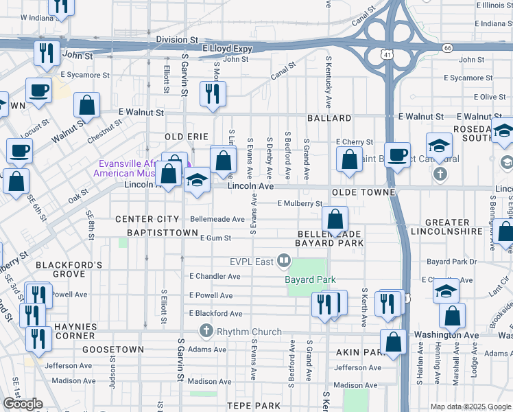 map of restaurants, bars, coffee shops, grocery stores, and more near 801 East Mulberry Street in Evansville